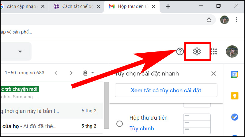 Đăng nhập v&agrave;o Gmail > chọn biểu tượng c&agrave;i đặt như h&igrave;nh b&ecirc;n dưới.